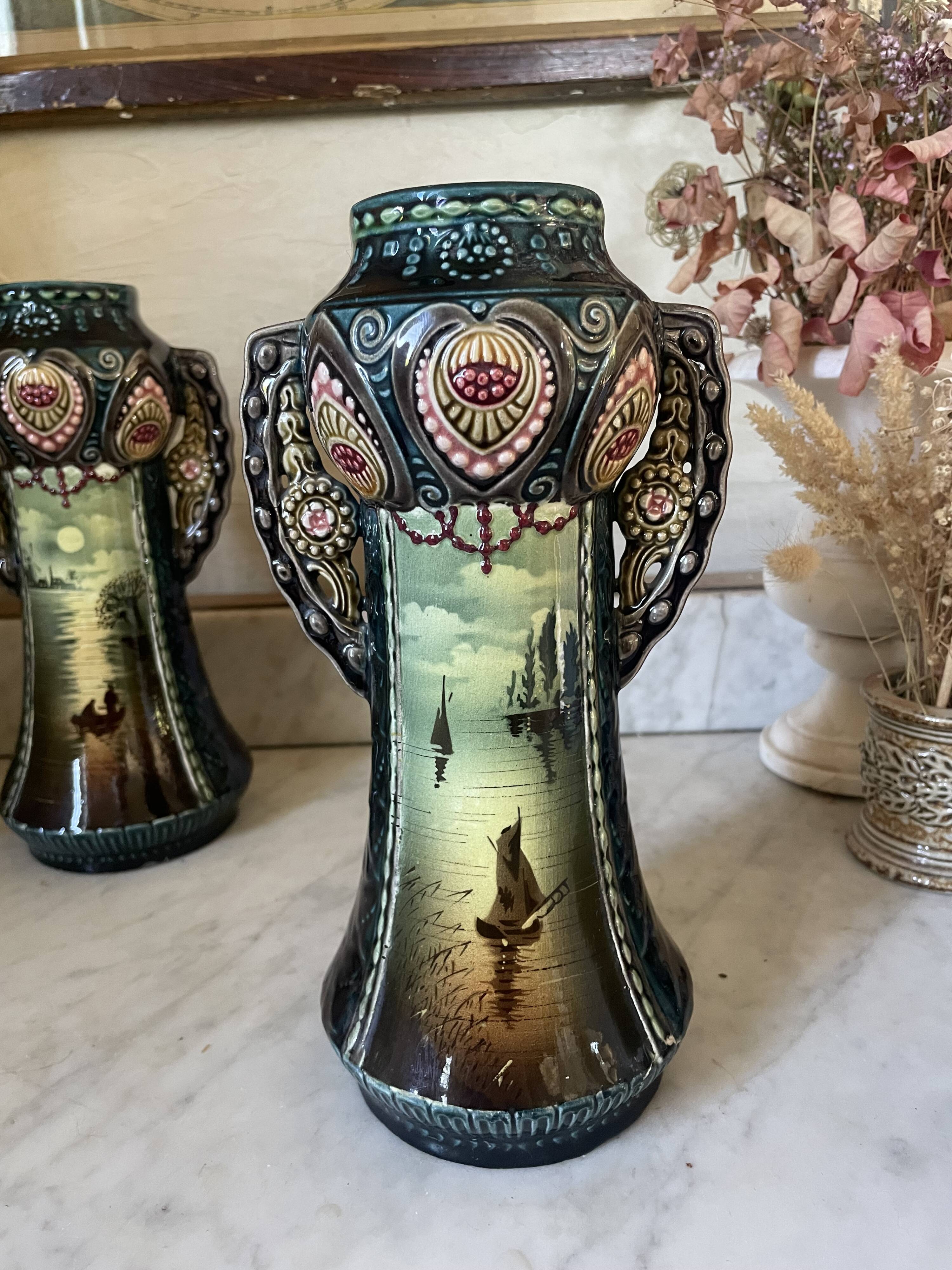 Pair of Art Nouveau slipware vases, hand-painted decoration.