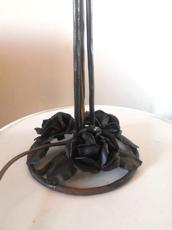 Lampe vintage vasque givrée pied au décor floral design années 60 - 70