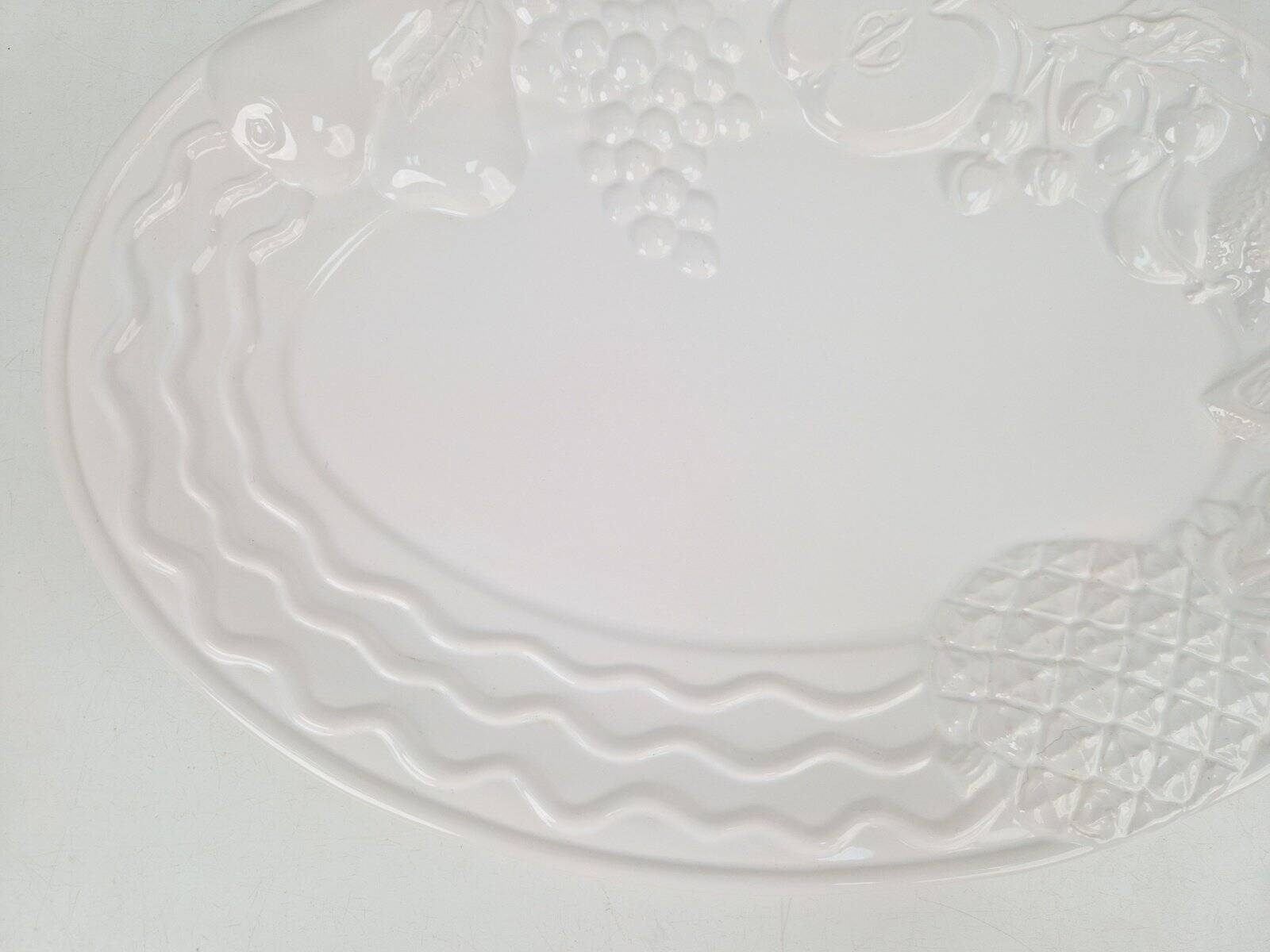 Vintage Large White Majolica Serving Bowl with Relief Fruits by A. Santos, Portugal, 1970s