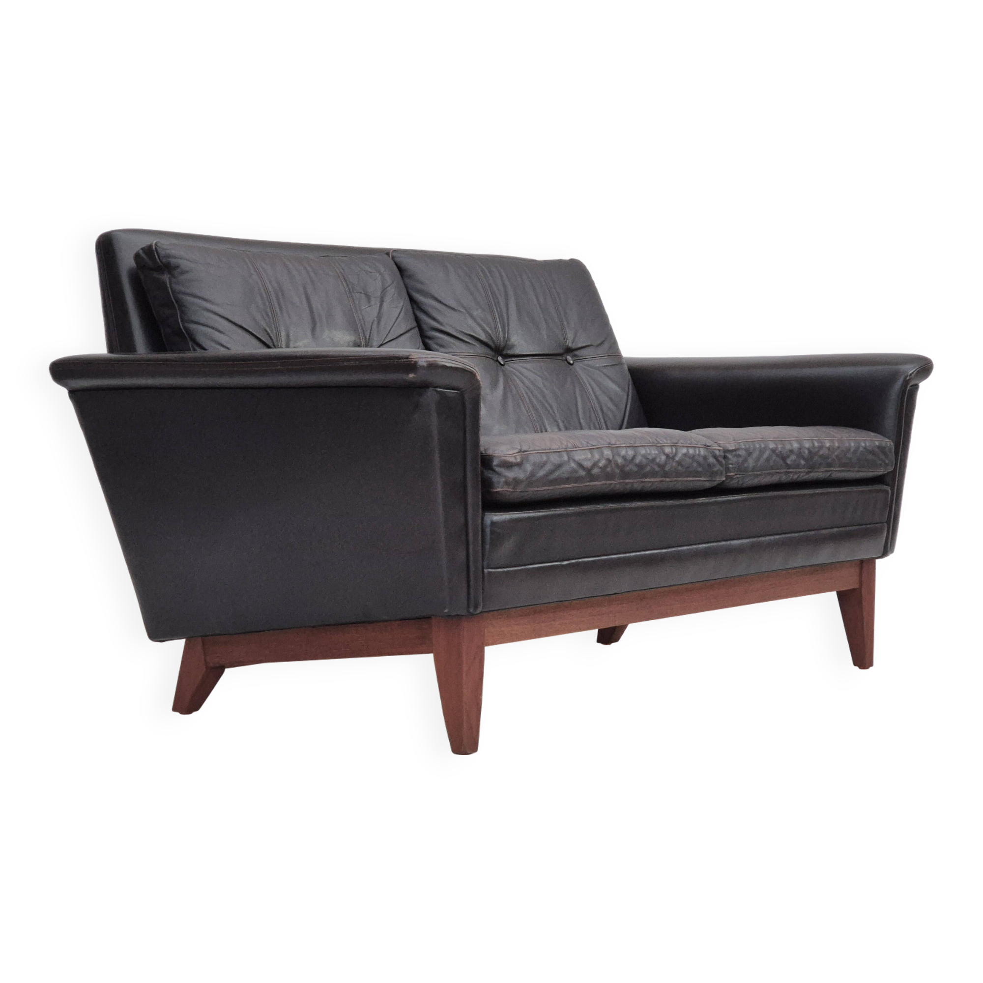1970s, Danish 2 seater sofa, original condition, furniture leather, solid teak wood.