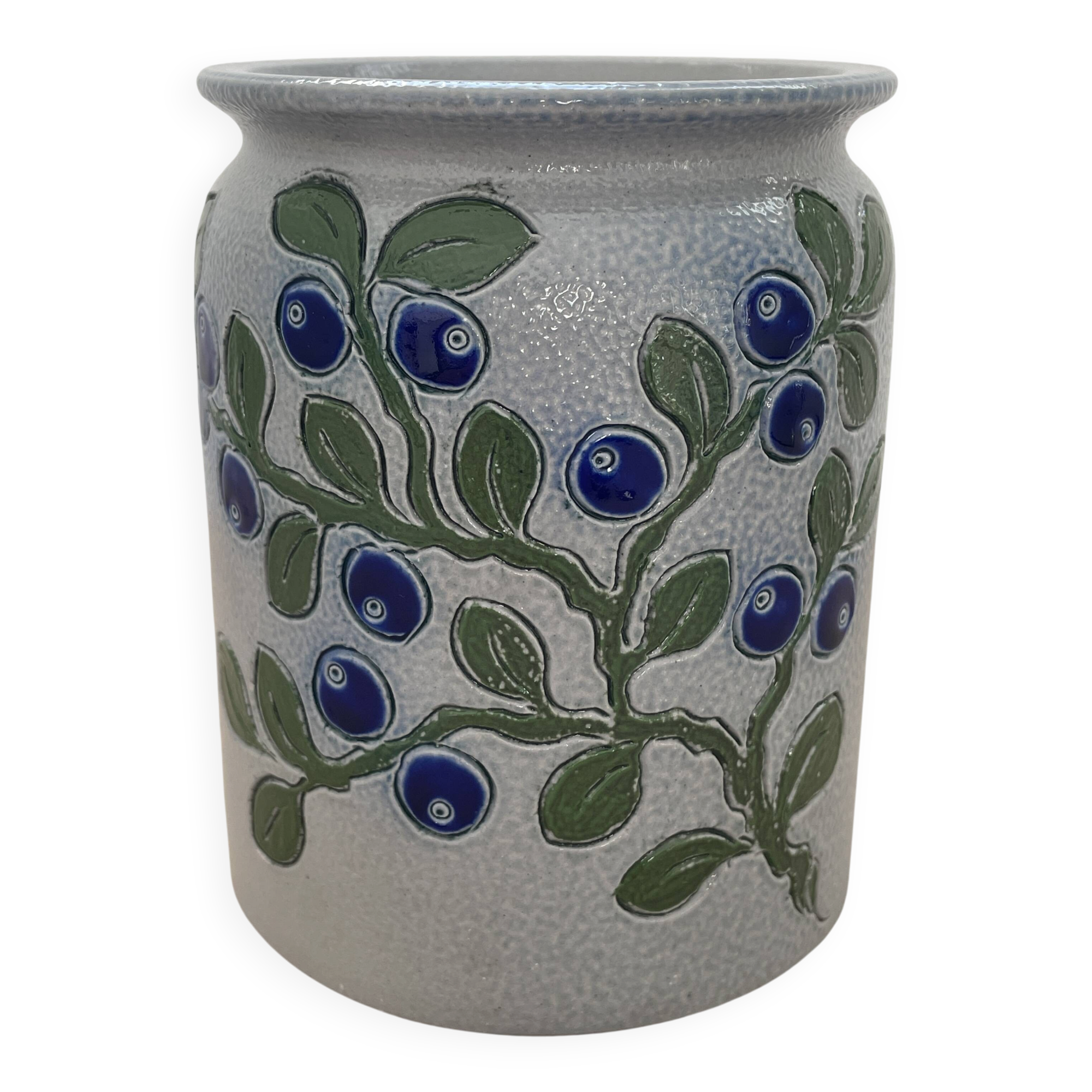Vintage stoneware pot from Betschdorf signed TA Gilbert with olive decoration.