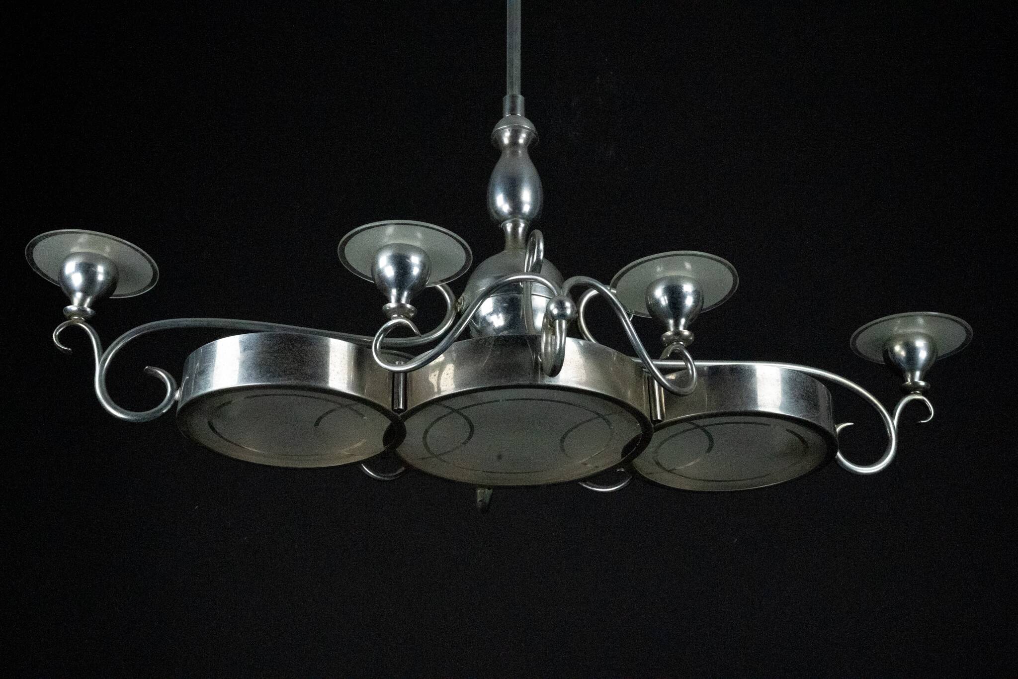 Art Deco Italian Chandelier in Nickel Brass and Frosted Glass, 1930s