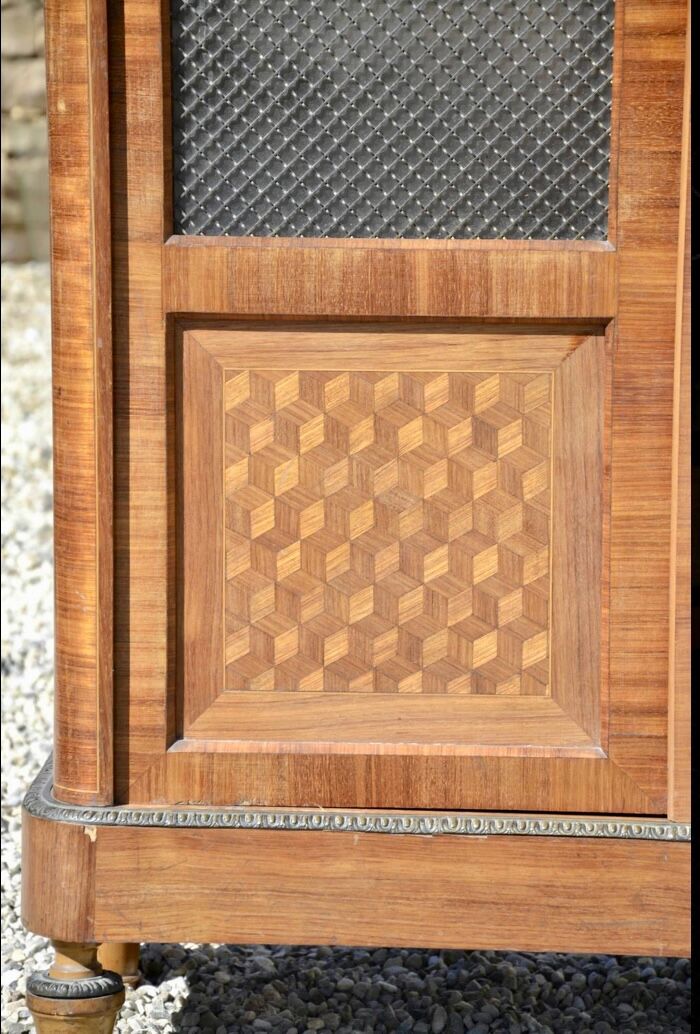 Marquetry and bronze showcase