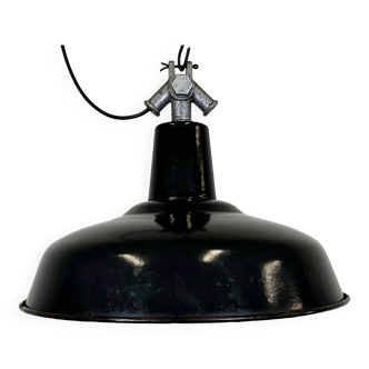 Industrial french enamel factory lamp with cast iron top, 1960s