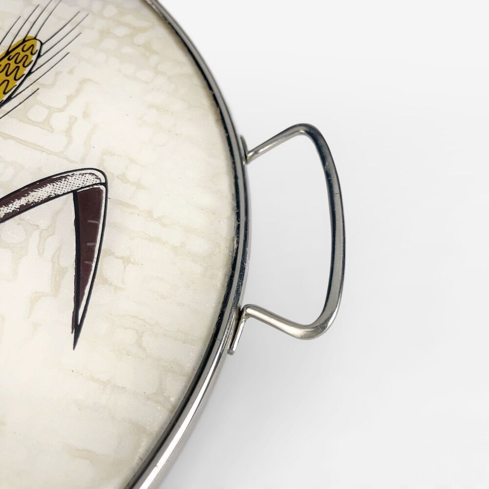 Round service tray in glass and metal vegetal decoration 1950