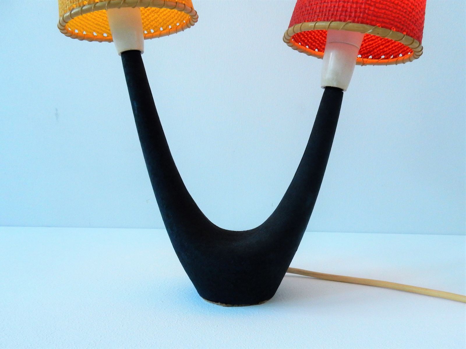 Vintage desk lamp with red and yellow 1950s lampshades