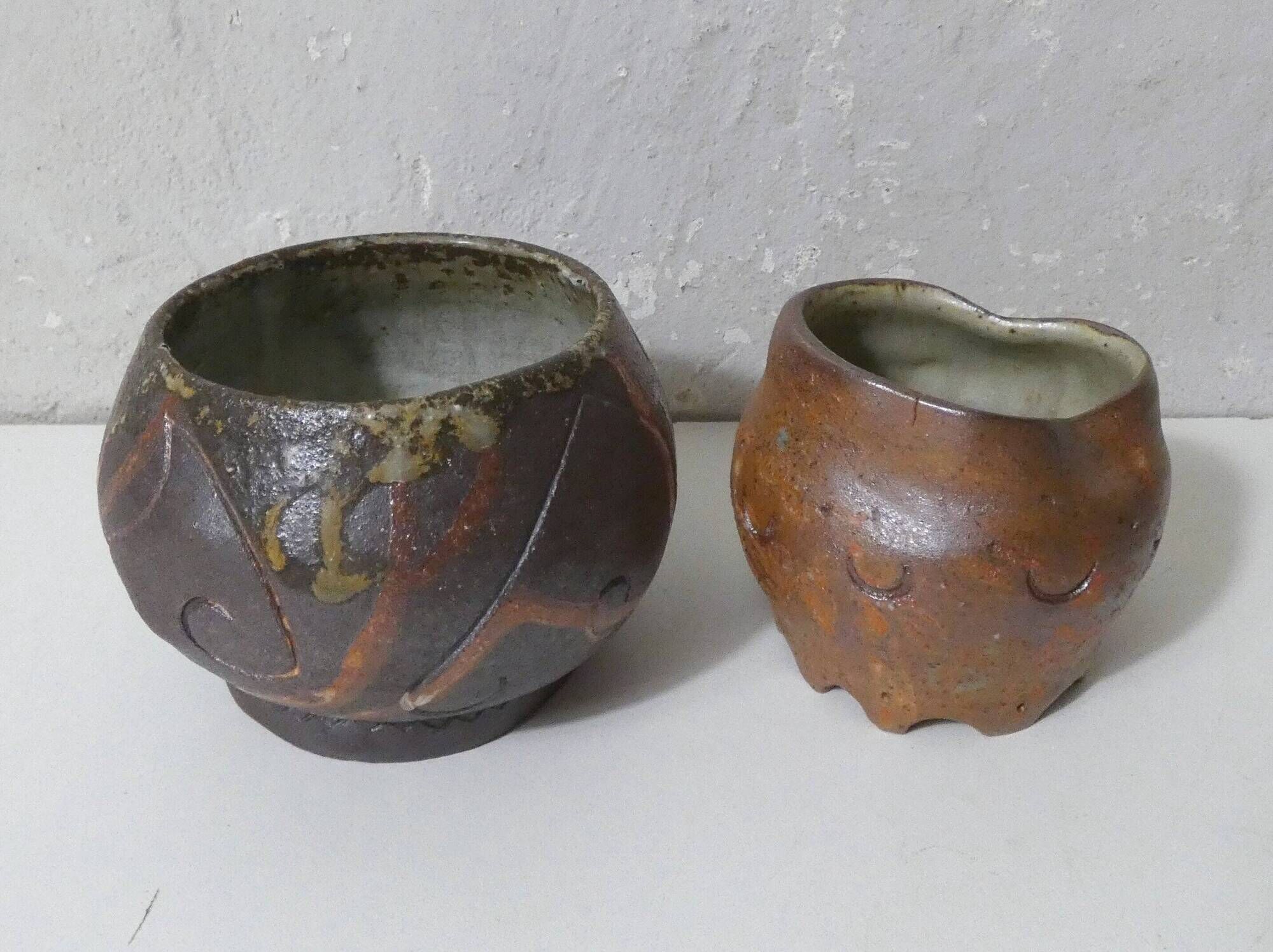 2 asymmetrical brutalist stoneware bowls signed G.Toutous Vintage