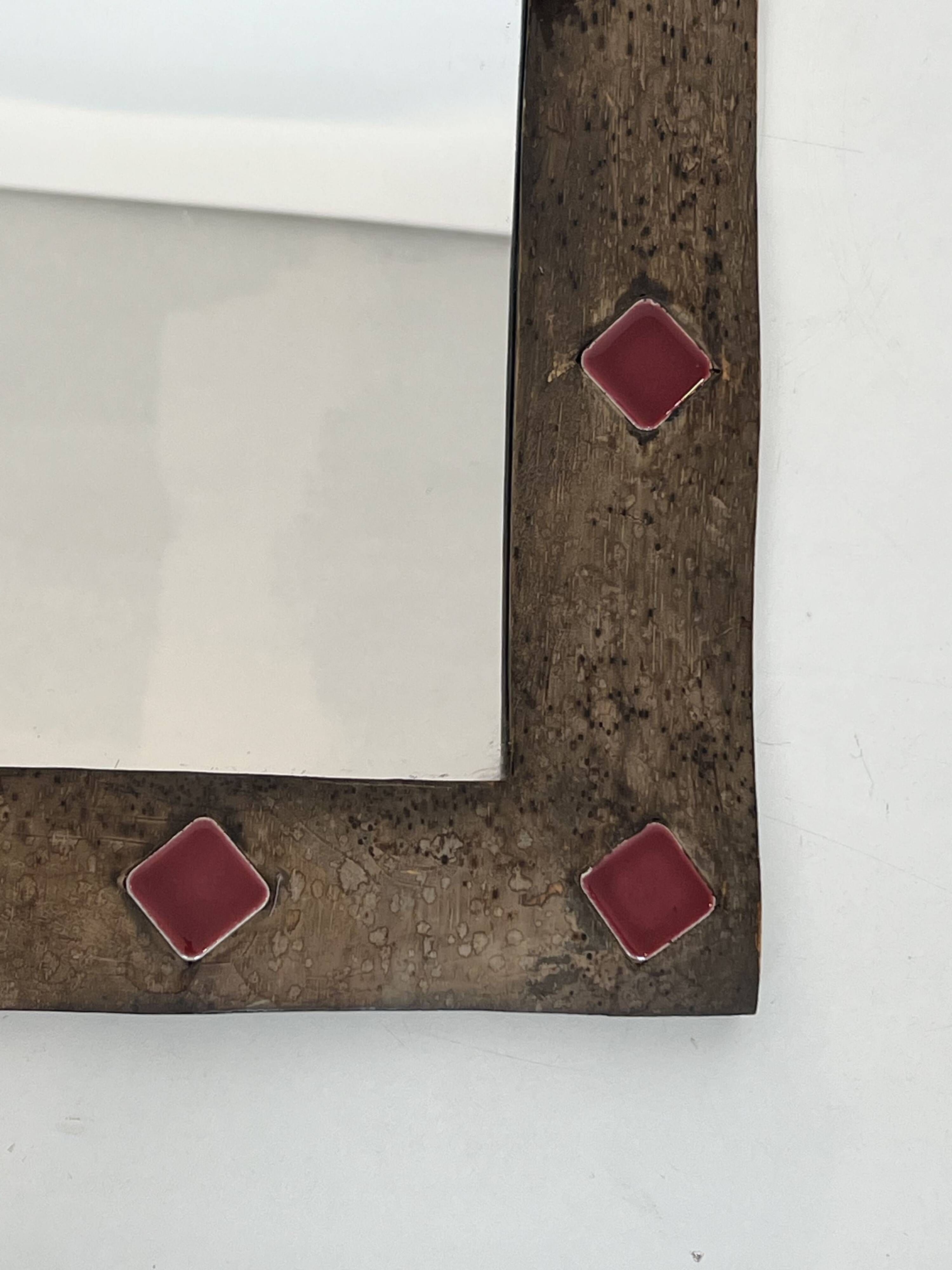 Ceramic Framed Mirror in Bronze with Red Cabochons. French Work.