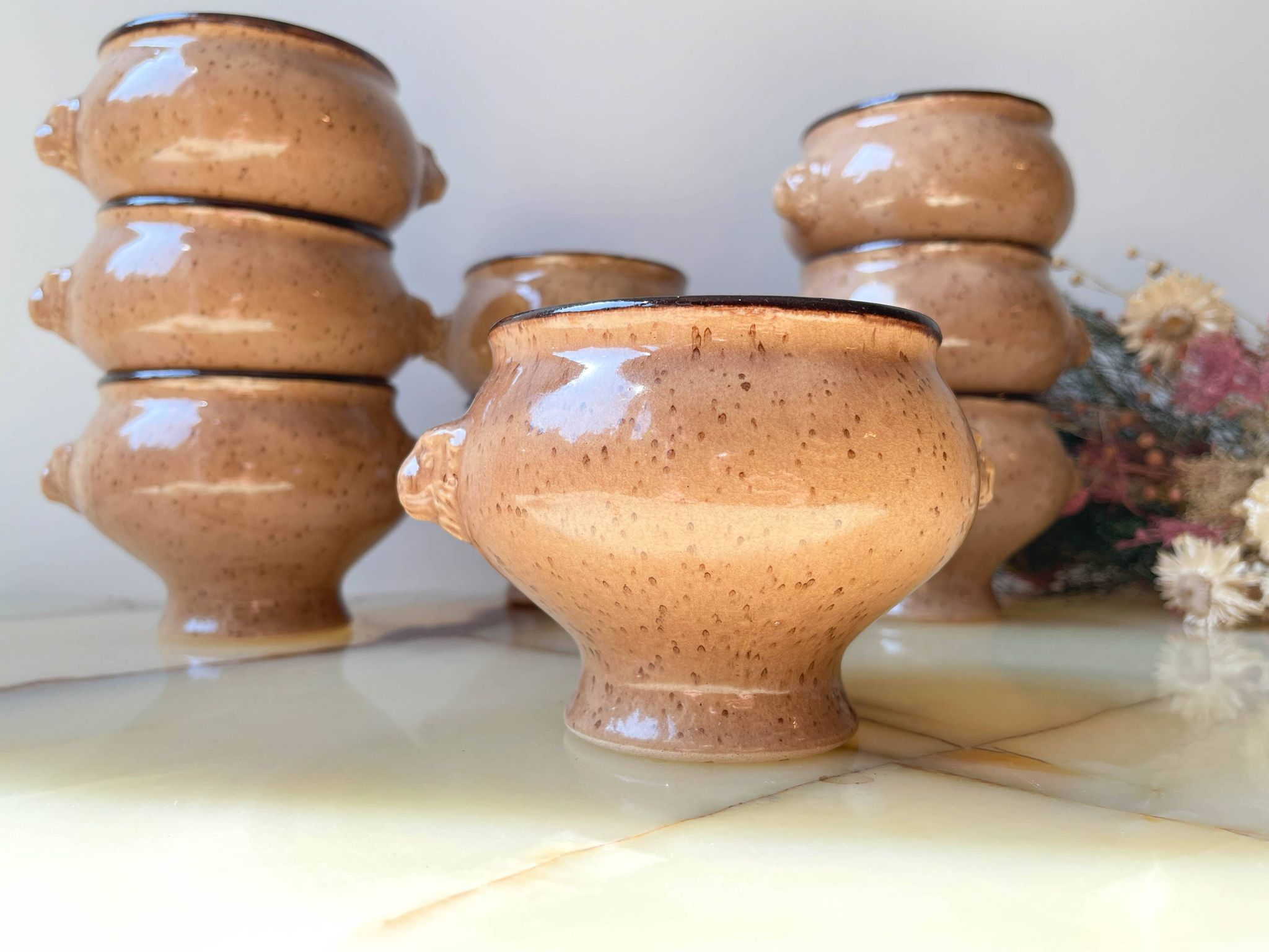 9 Vintage Emile Henry Speckled Beige Ceramic Lion Head Bowls Made in France