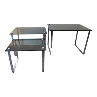 Tables d'appoints gigogne vintage chrome et verre