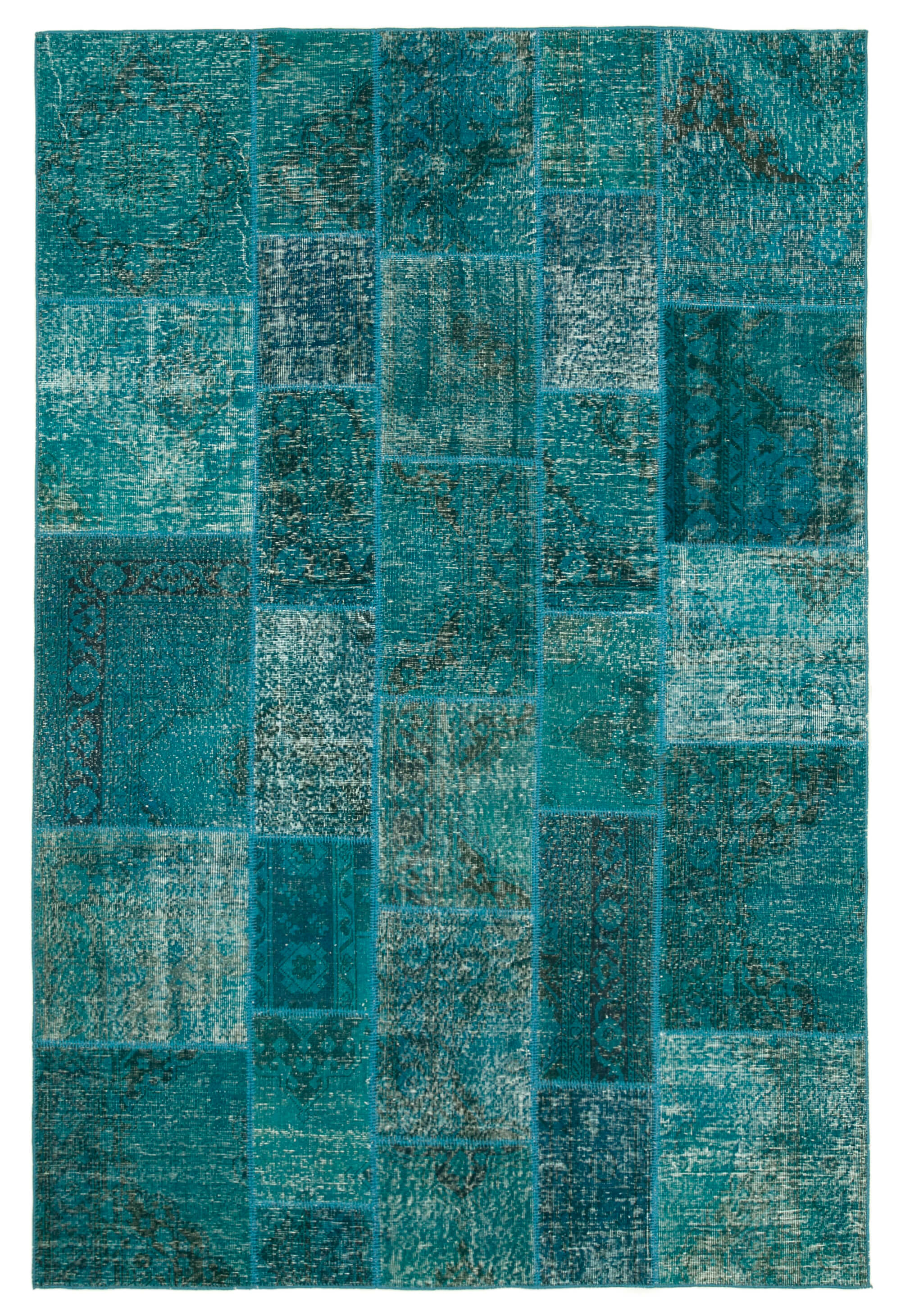 Hand-knotted oriental overdyed 200 cm x 298 cm turquoise patchwork rug