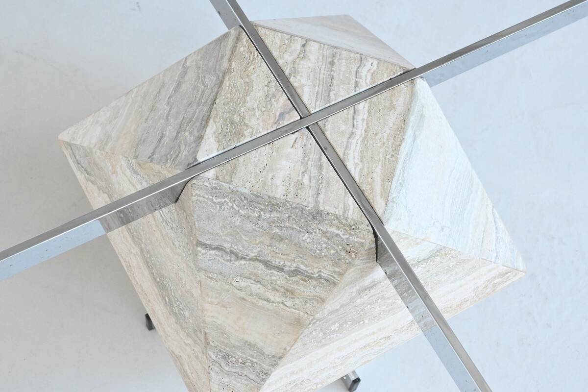 Diamond shaped coffee table in travertine and chrome Italy 1960