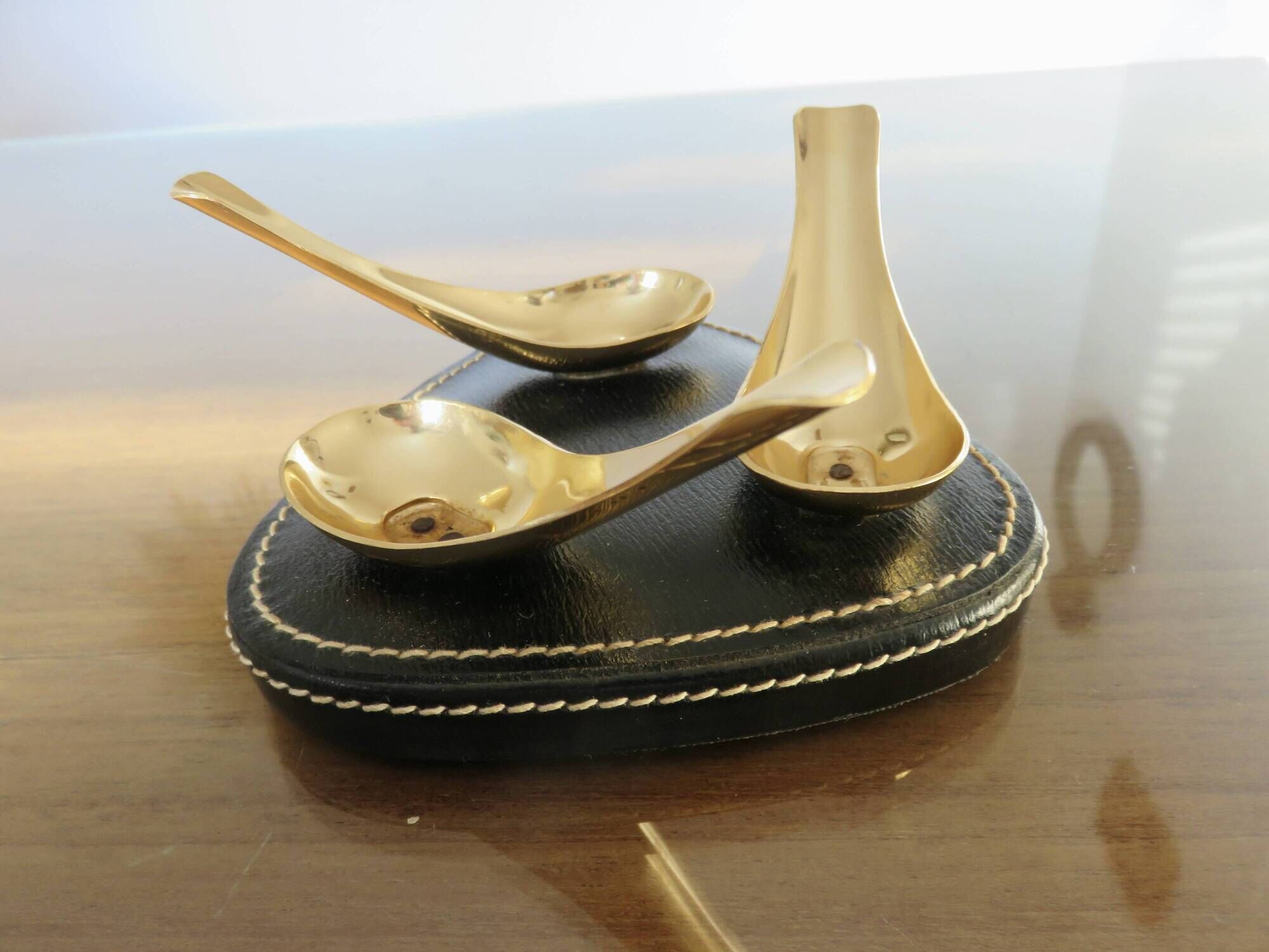 Black leather piped pipe holder with brass, Tremblay edition, Paris