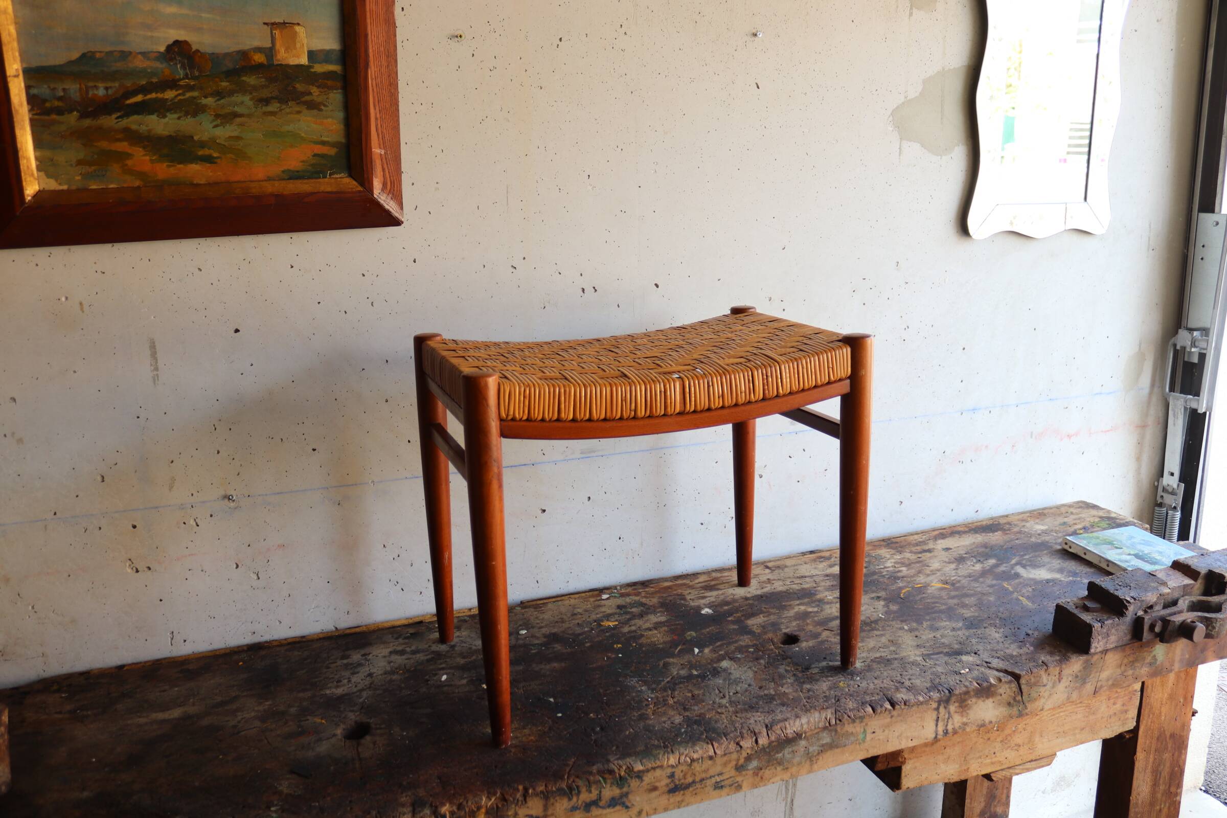 60s stool in teak and braided rush