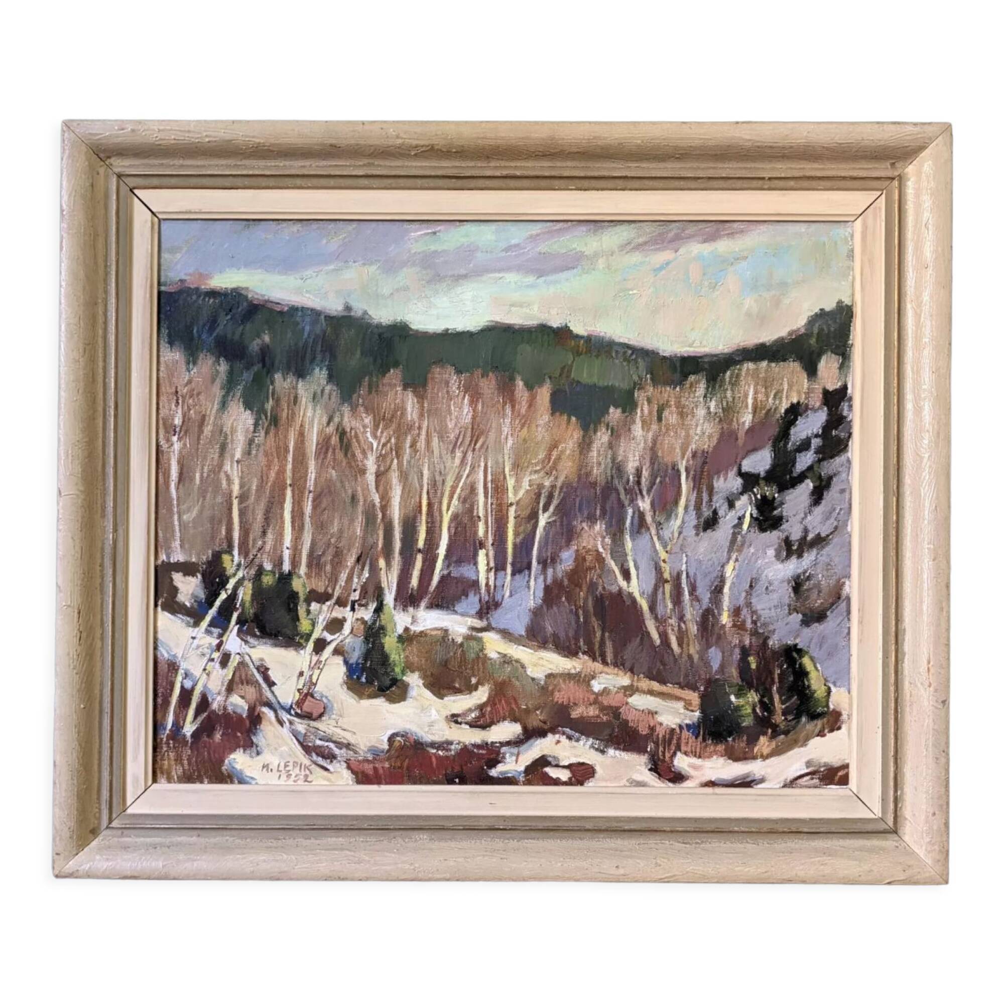 1952 Mid-Century Modern Swedish "Alp Trees" Vintage Winter Landscape Oil Painting, Framed