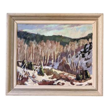 1952 Mid-Century Modern Swedish "Alp Trees" Vintage Winter Landscape Oil Painting, Framed