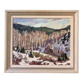1952 Mid-Century Modern Swedish "Alp Trees" Vintage Winter Landscape Oil Painting, Framed