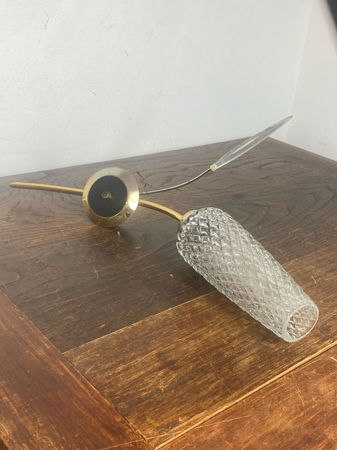 Pair of retro wall lights, brass and glass