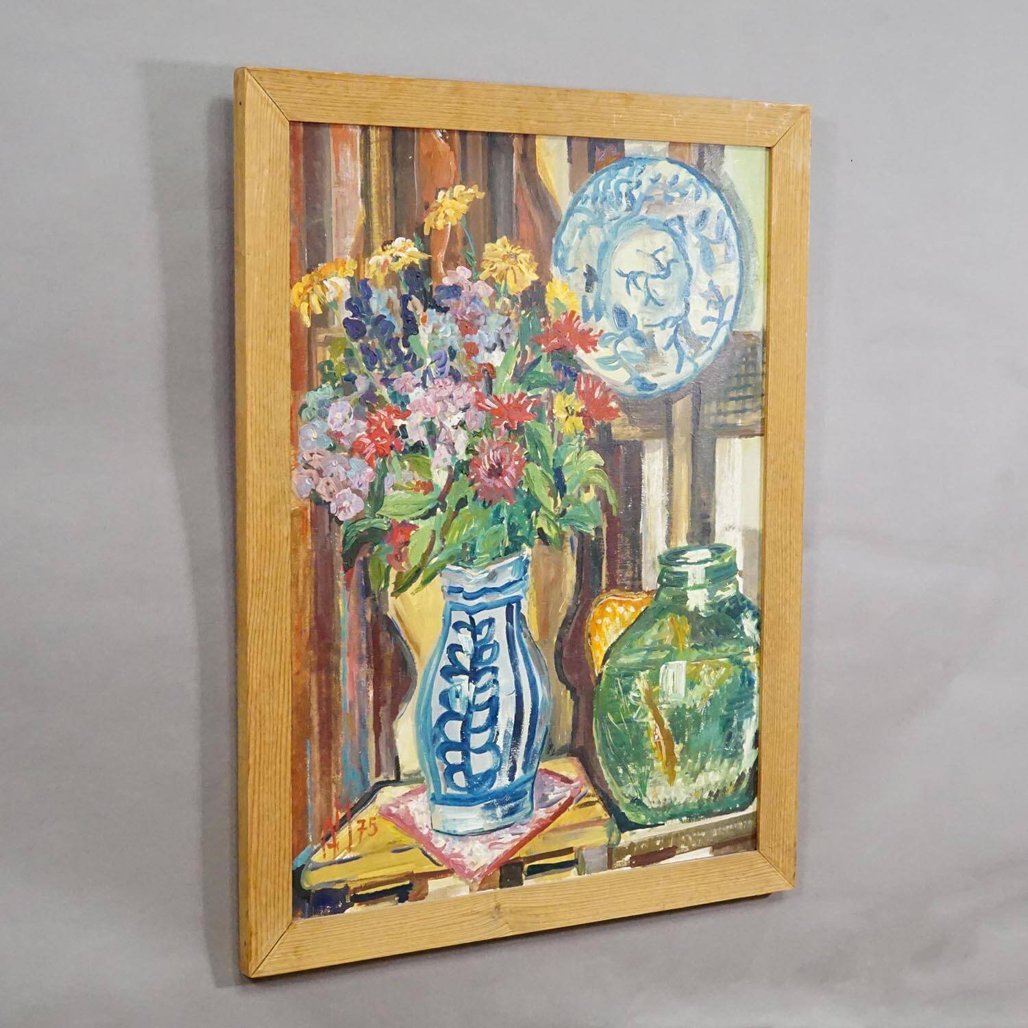 Impressionist still life oil on panel flowers goldfish Alexander Michael 1975