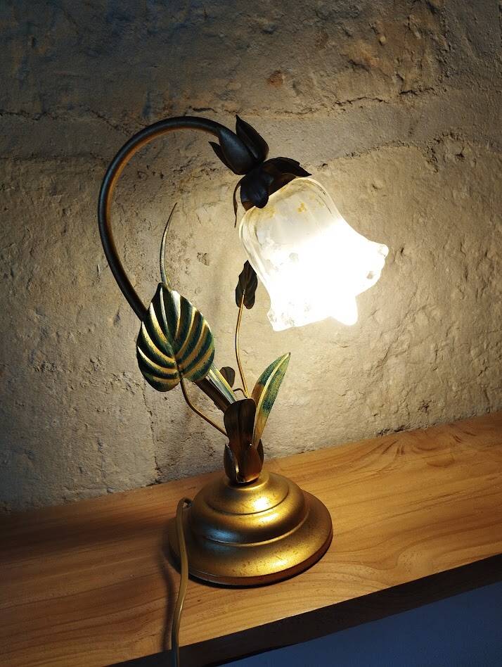 Lampe fleur vintage en laiton et verre