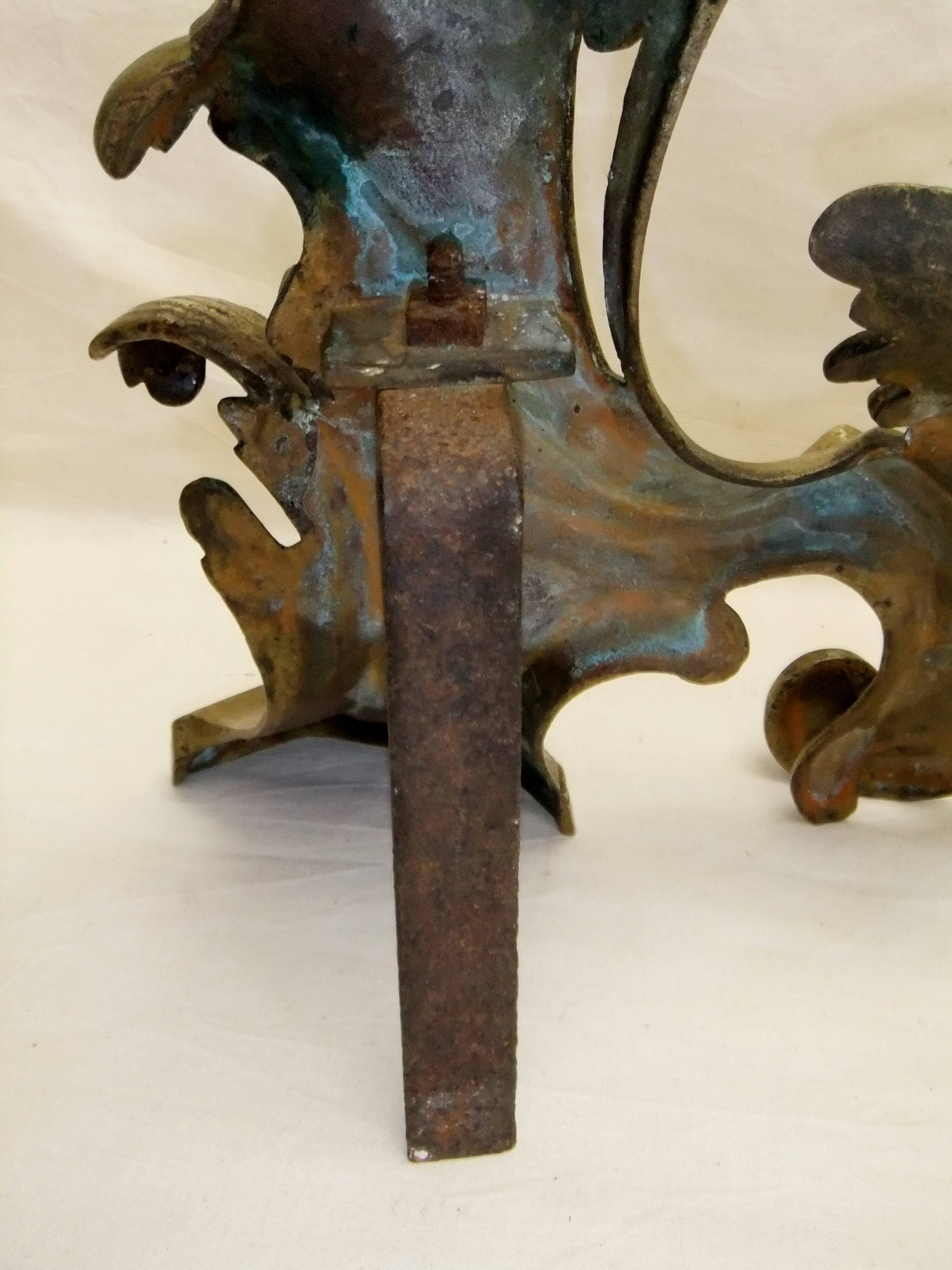 Old bronze andiron pair XVIII decor leaf accessory fireplace trim