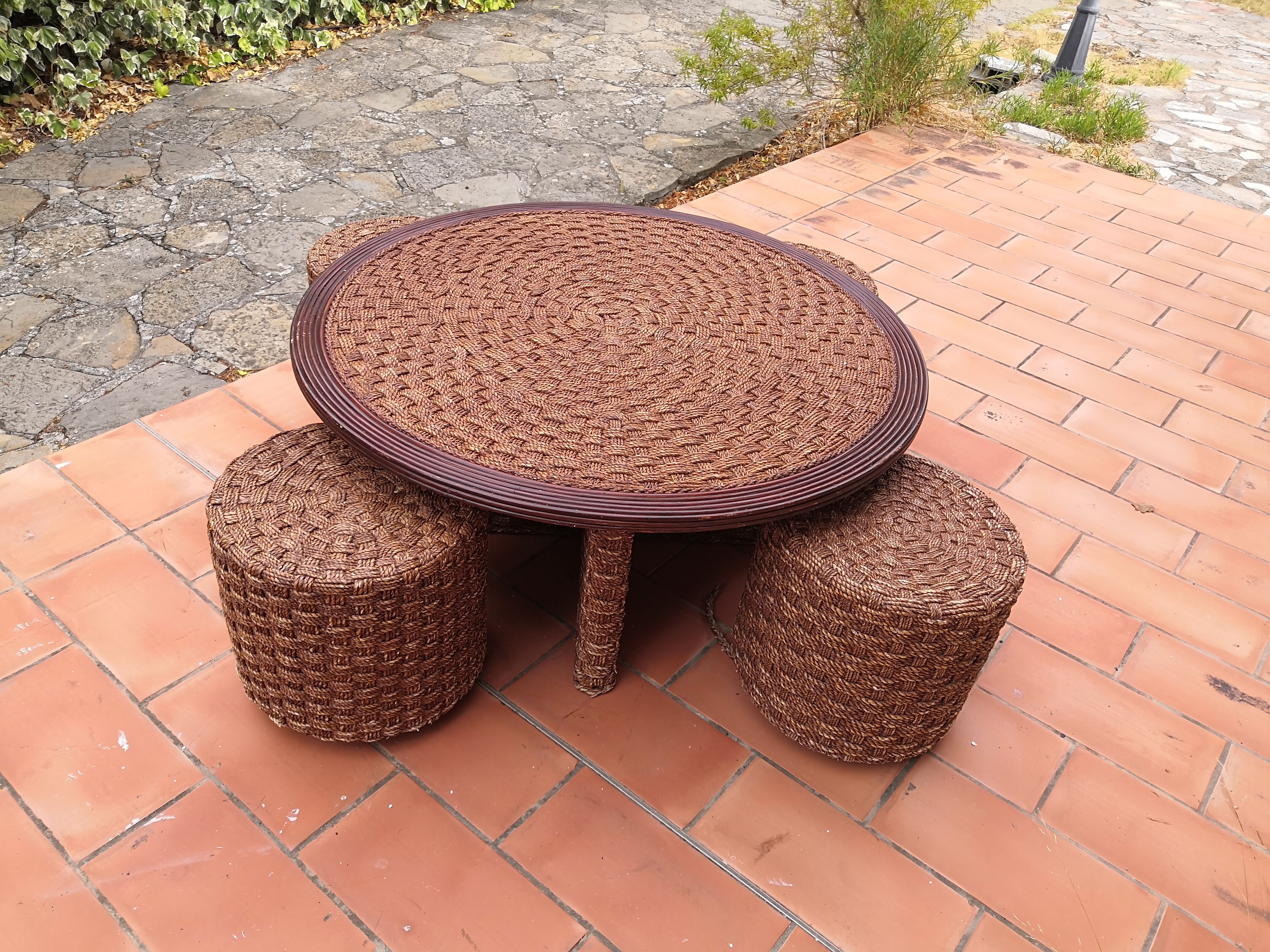 Living room set, vintage rope coffee table with 4 stools 1950