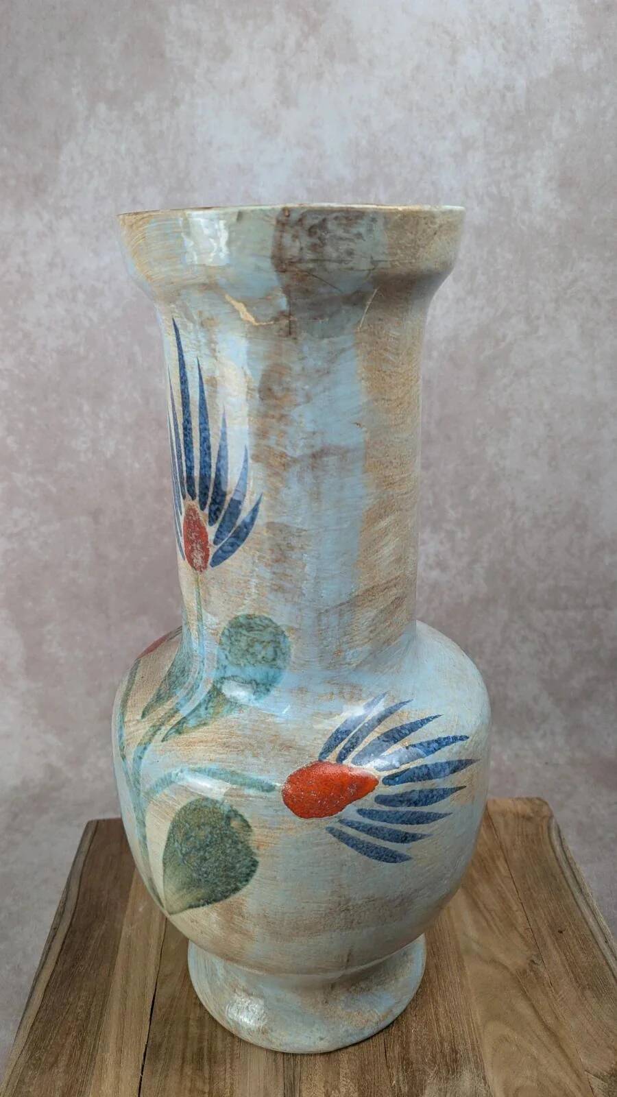Large vintage vase Saint-Clément France – hand-painted floral decoration