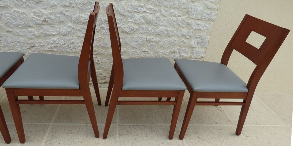 Set of 6 cherry wood style chairs with gray imitation leather seat