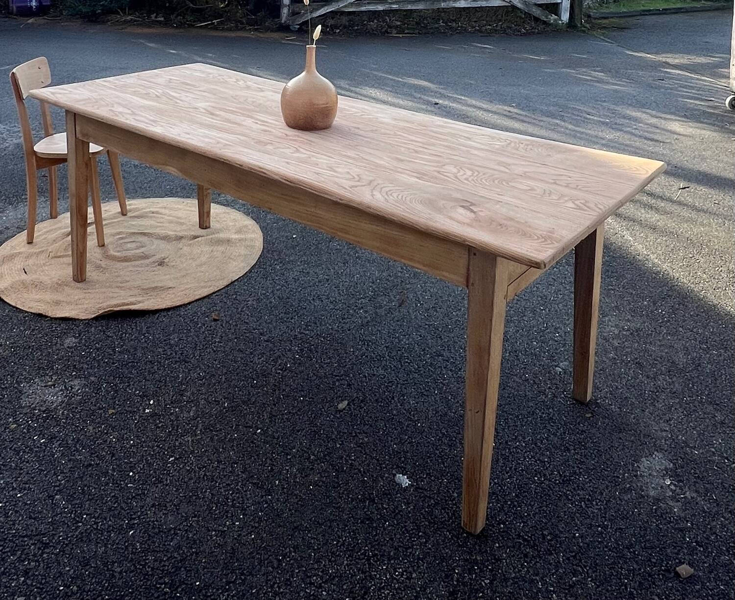 Large antique farmhouse table with 2 drawers in raw solid wood.