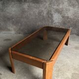 Table basse en bois claire et verre fumé, années 80