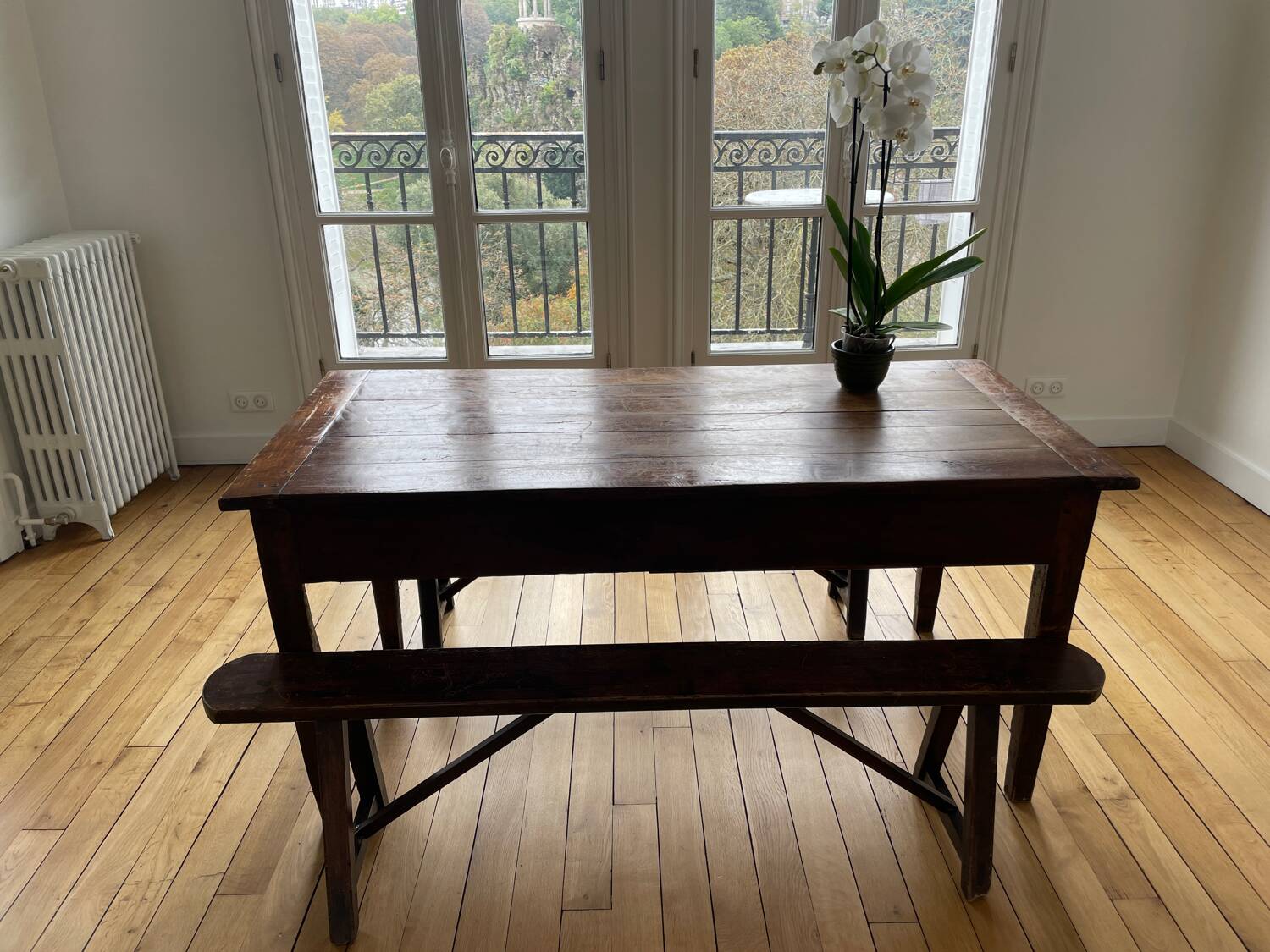 Farmhouse table and two benches