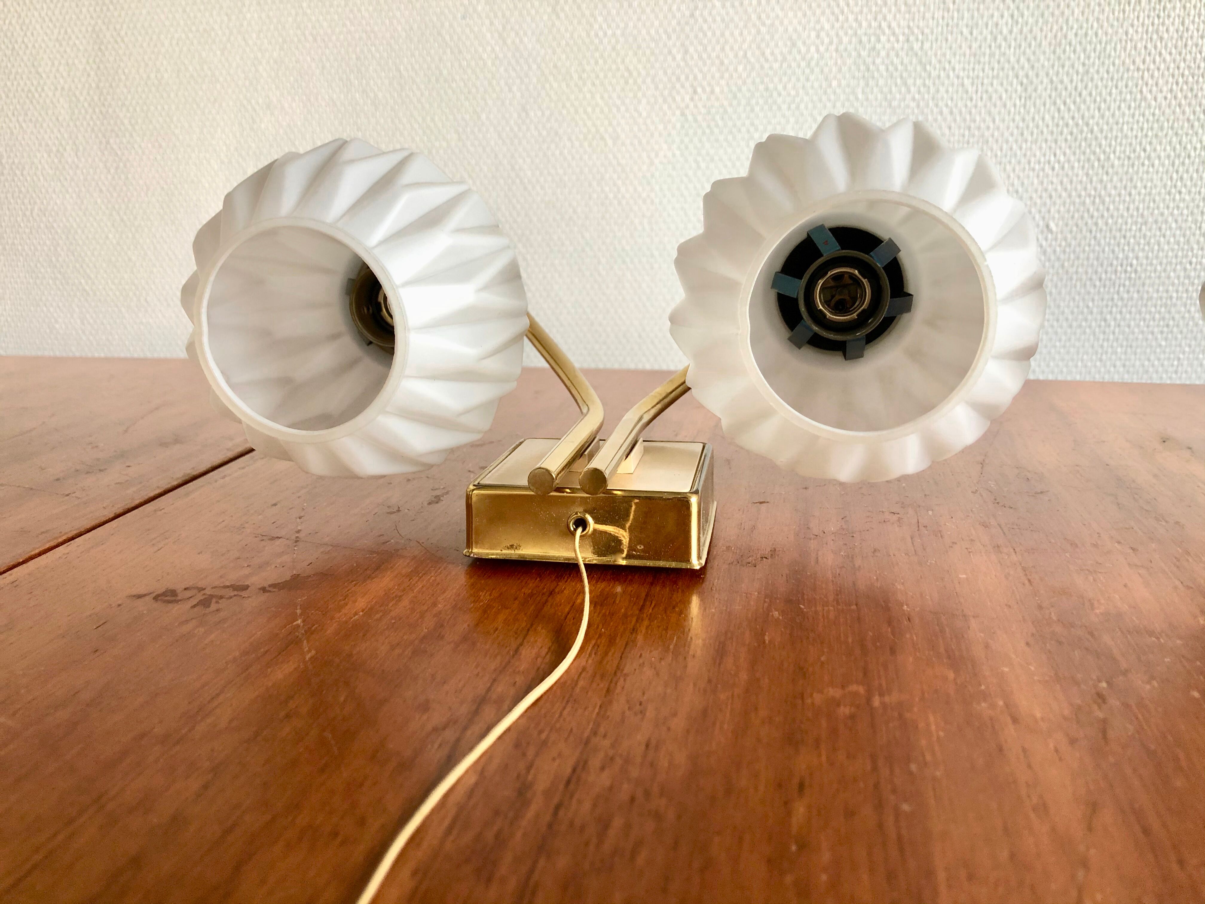 Pair of double origami opaline brass wall lamps