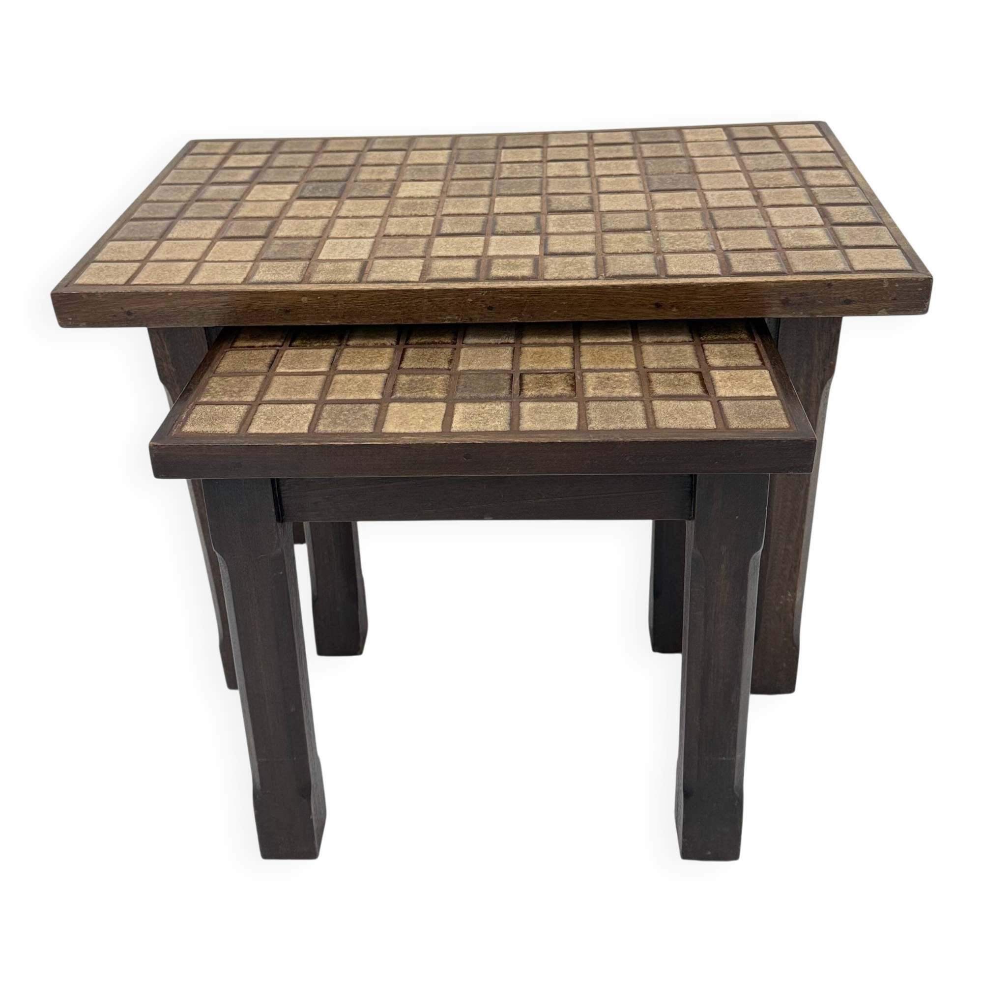 Set of 2 brutalist side tables solid oak wood with tile top , 1970s
