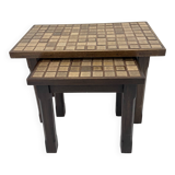 Set of 2 brutalist side tables solid oak wood with tile top , 1970s