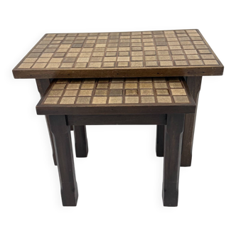 Set of 2 brutalist side tables solid oak wood with tile top , 1970s