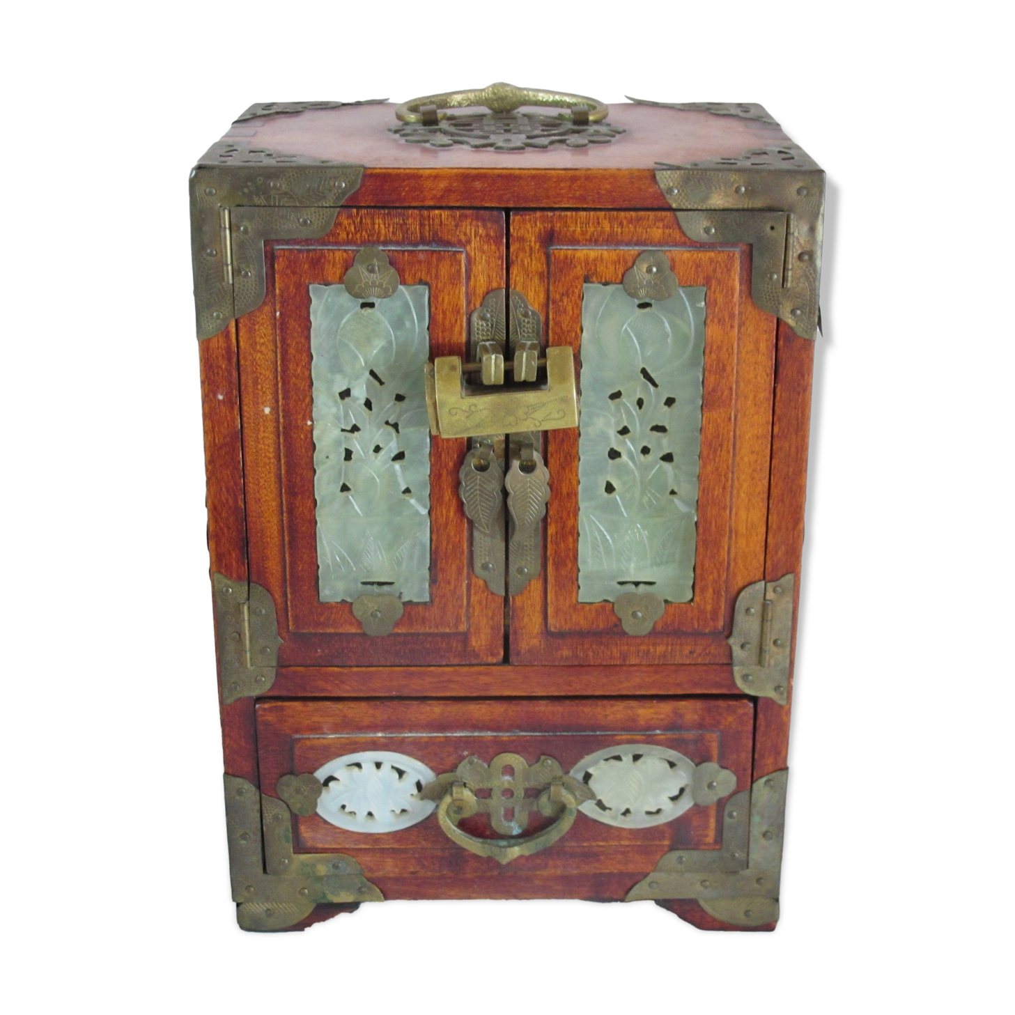 Chinese wooden jewelry box adorned with jade plates