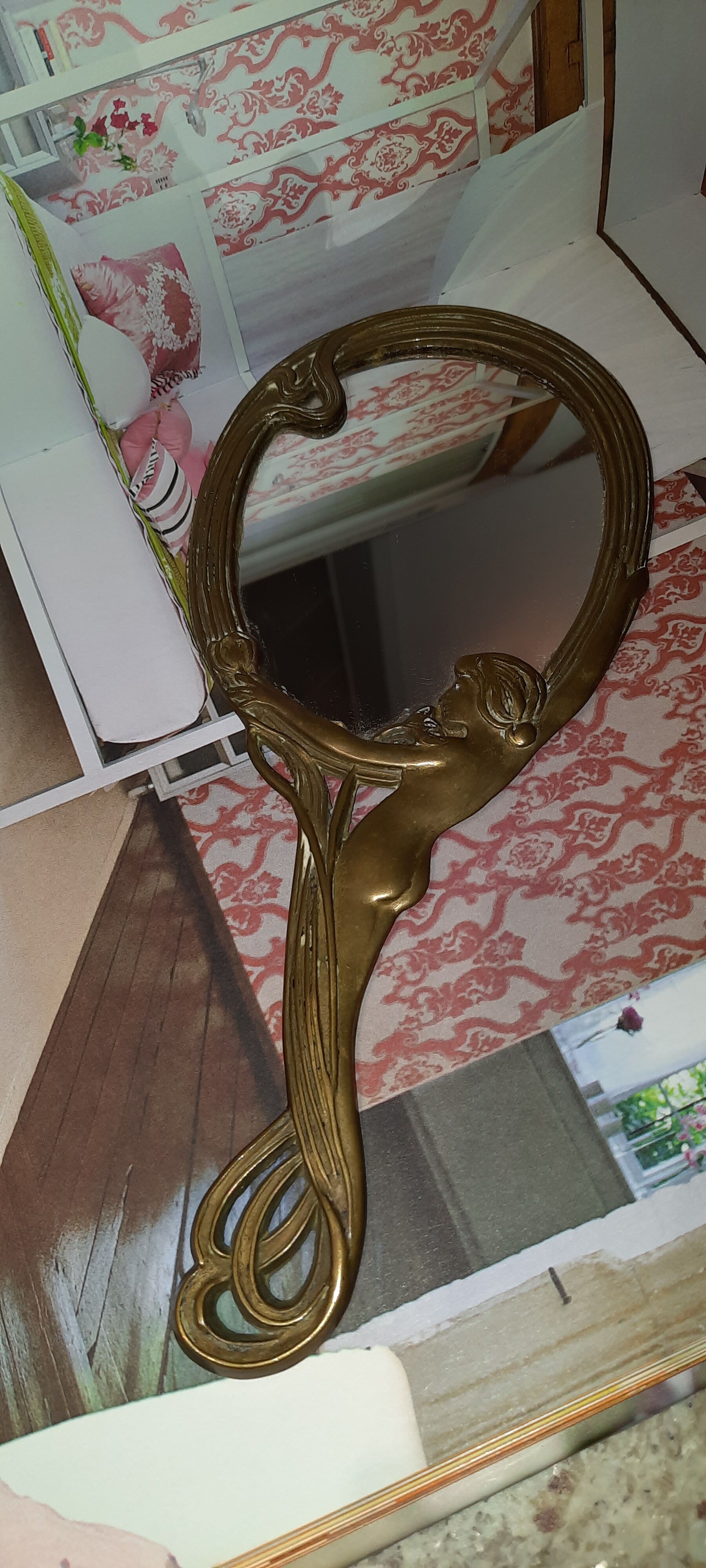 Art Nouveau gilded brass hand mirror