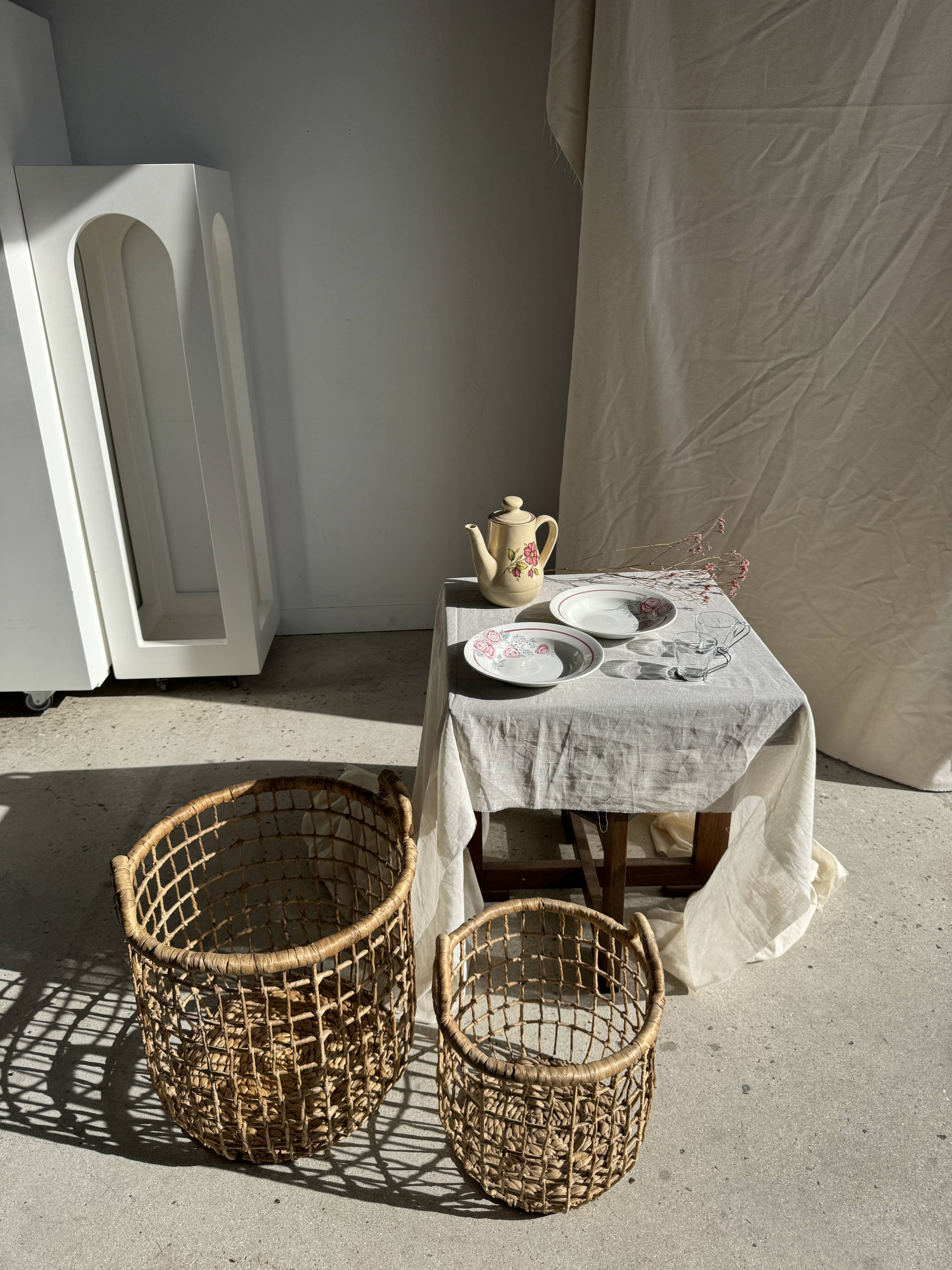 Vintage beige stoneware teapot with pink flower pattern H22