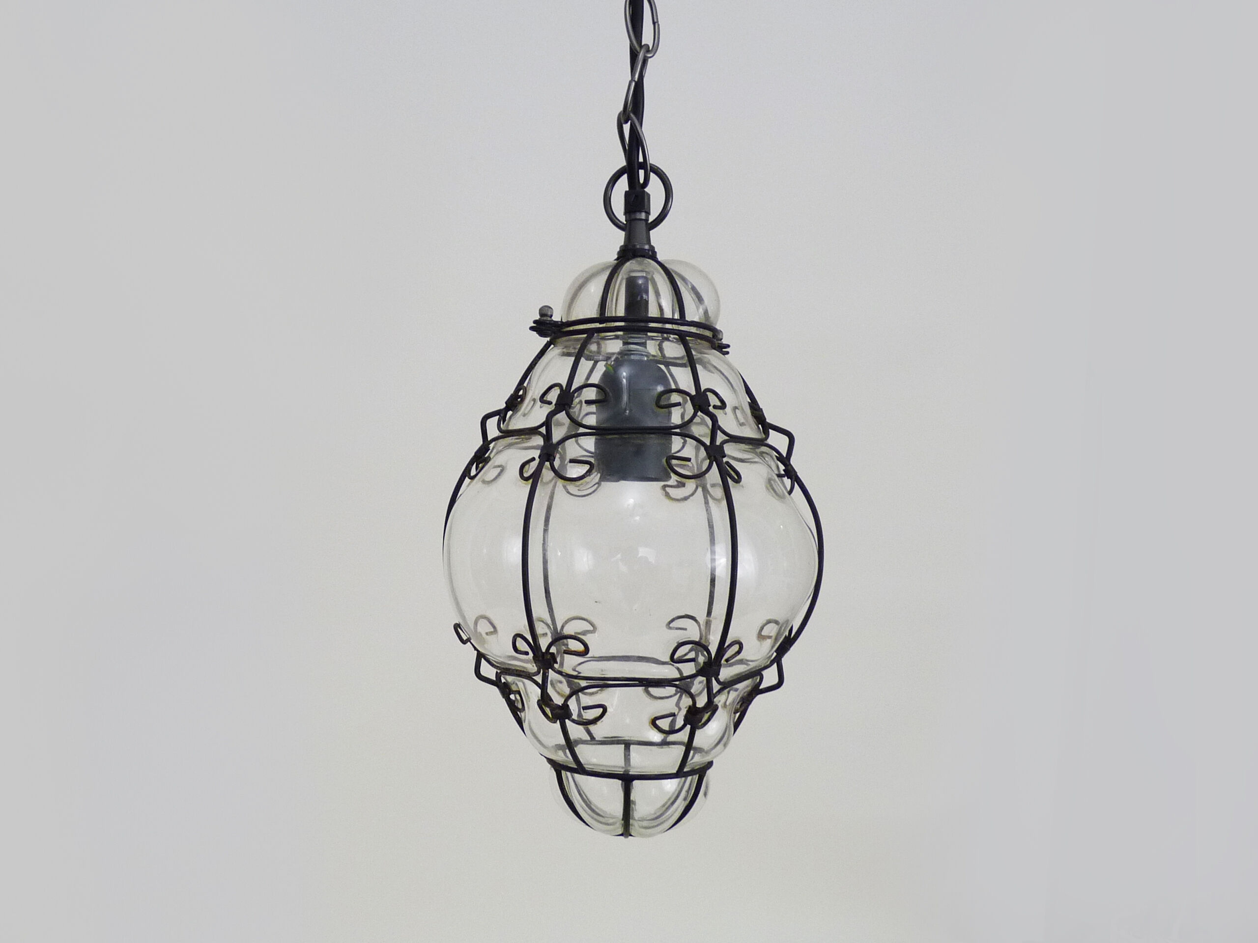 Venetian cage chandelier in transparent blown glass and wrought iron