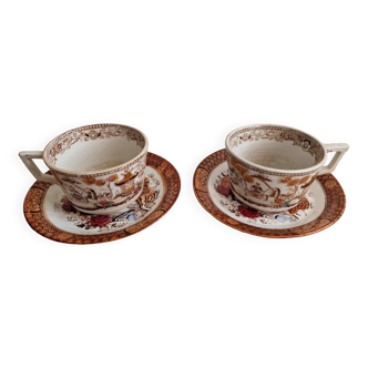 Two cups with saucers with Asian decorations, Gien earthenware