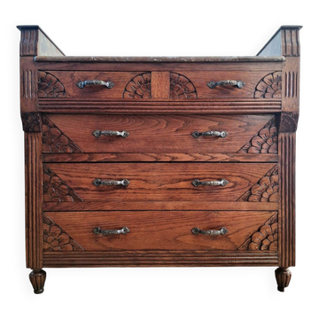 Art Deco commode with marble top, vintage antique furniture.