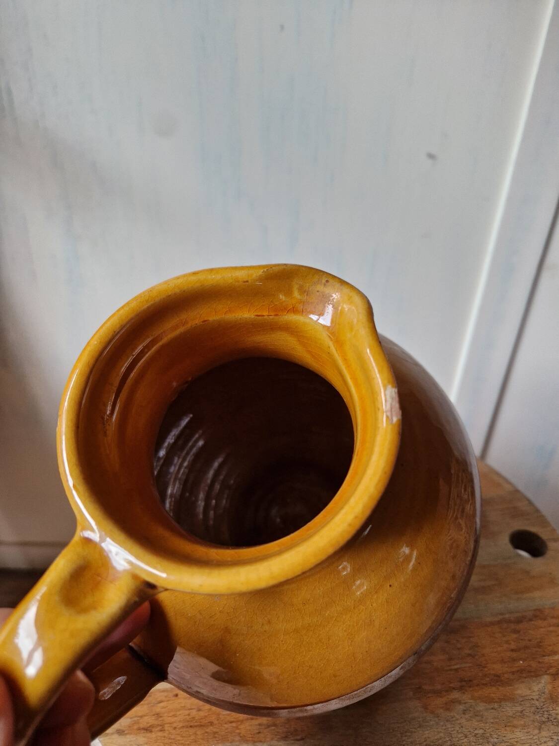 Antique glazed terracotta pitcher, brown semi-glazed jug, vase