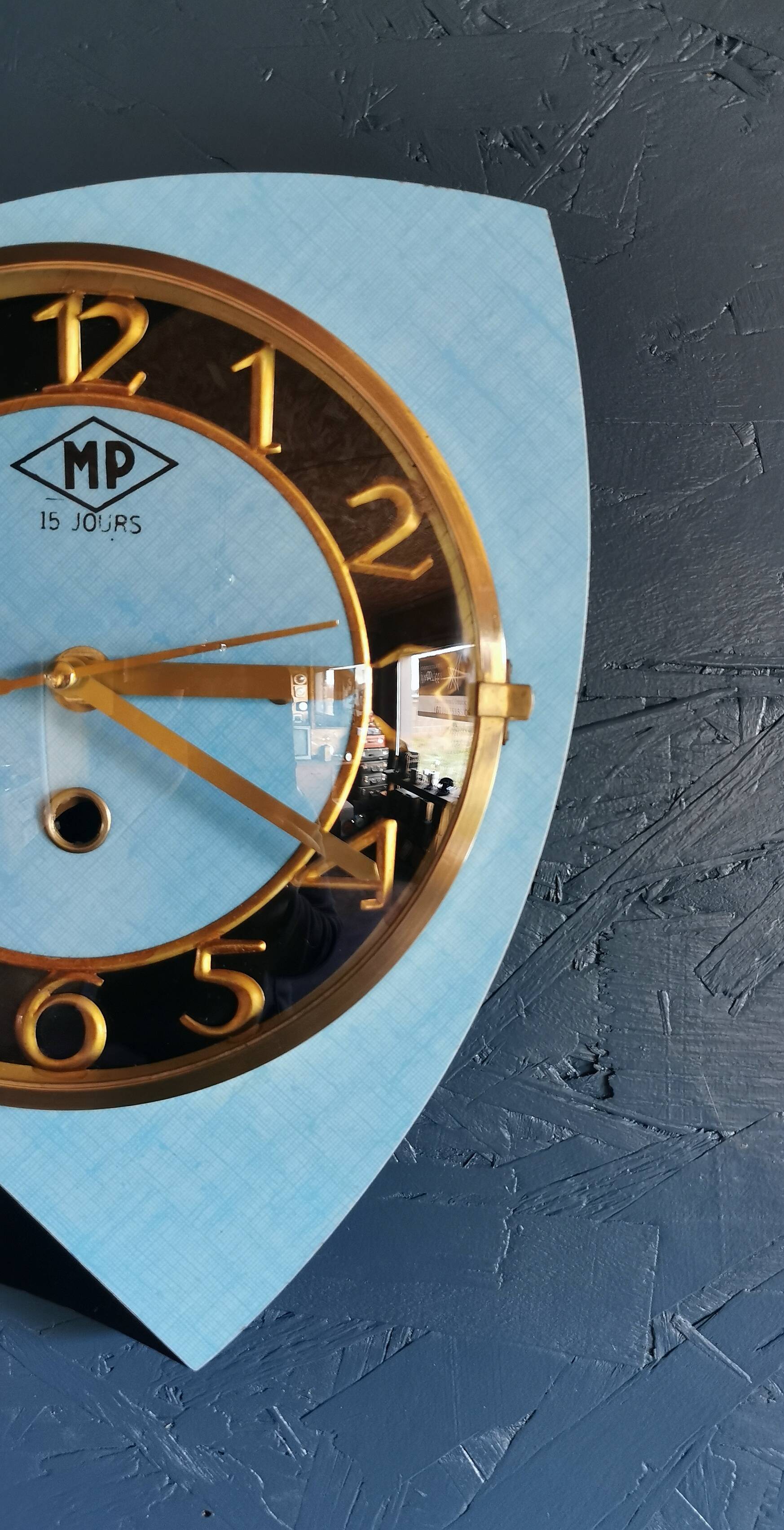 Vintage formica clock silent asymmetrical wall pendulum "MP blue black"