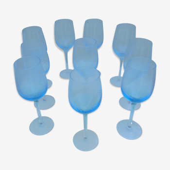 10 blue blown and twisted foot glasses