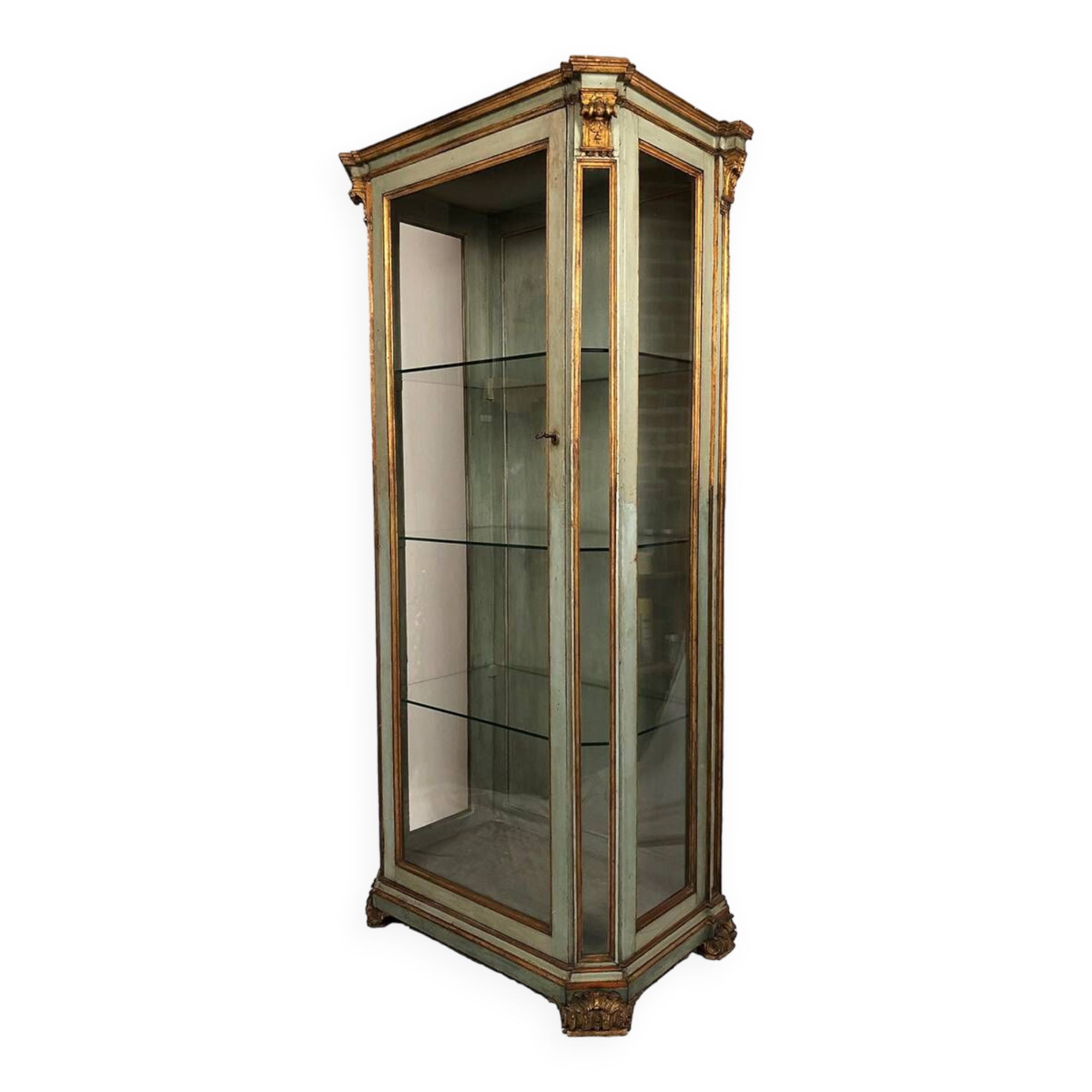Showcase in blue/green lacquered wood, gold trim, Italy 18th-early 19th century