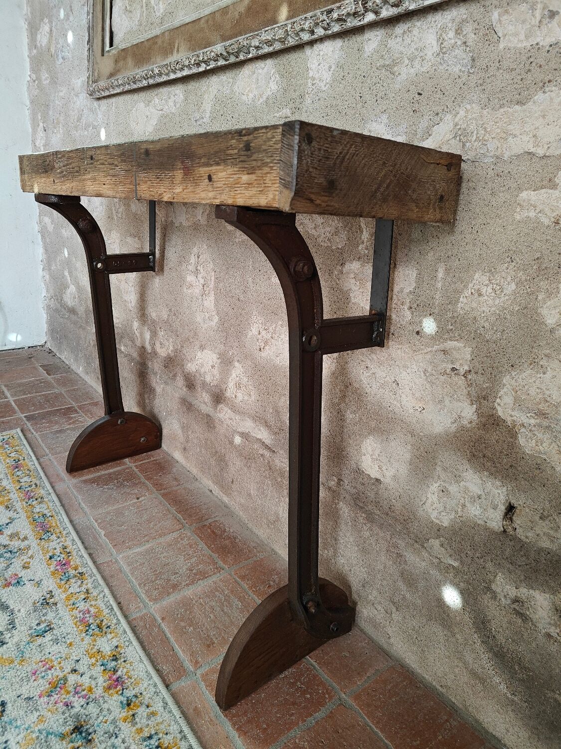 Oak and cast iron console, unique piece.