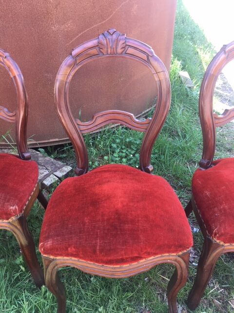 lot of 4 chairs Castle Chippendale, Louis XV late 1800s red velvet