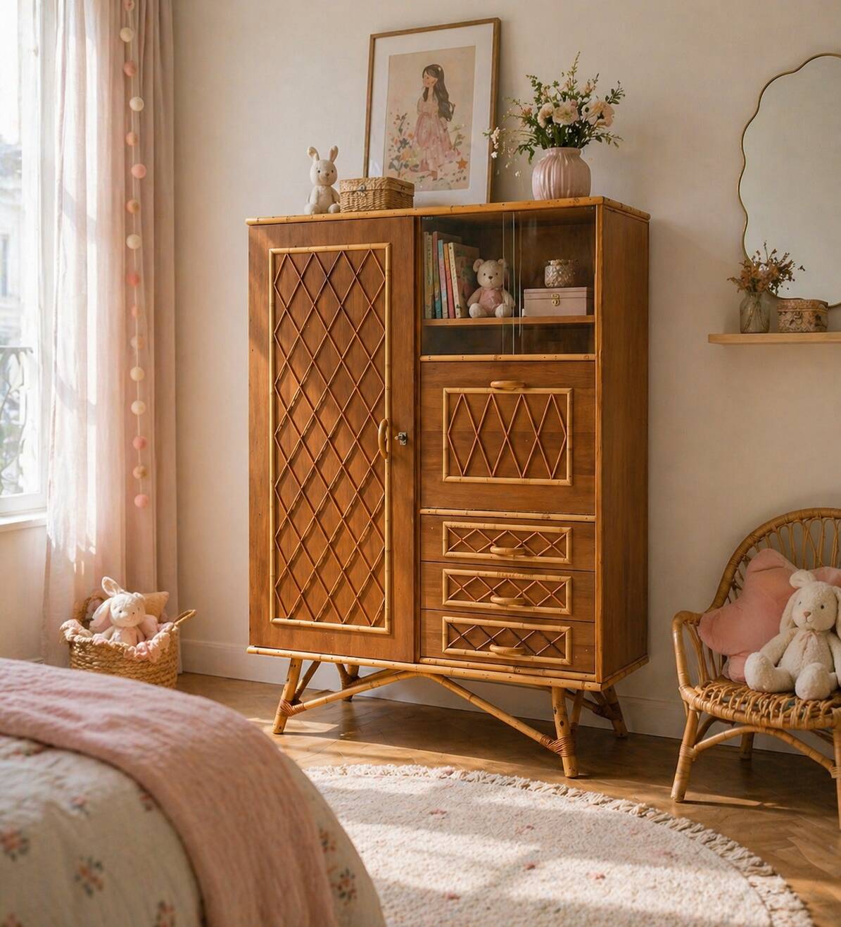 Rattan wardrobe with tapered legs from the 1960s.