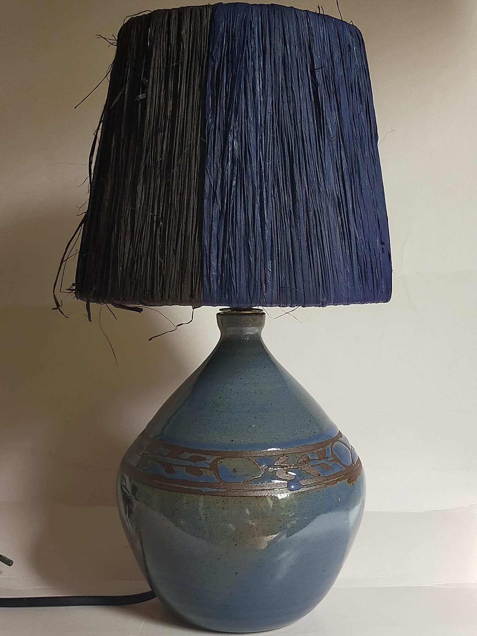 Vintage potter's ceramic table lamp, raffia lampshade