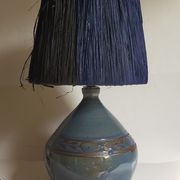Vintage potter's ceramic table lamp, raffia lampshade